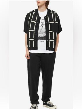Awake Black Short-Sleeve Button Shirt with White Grid